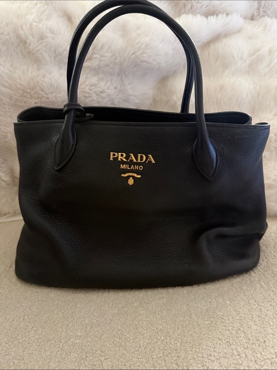 Prada Vitello Daino Black Grained Leather Tote, Gold  Prada Black Leather Tote with Gold Logo
